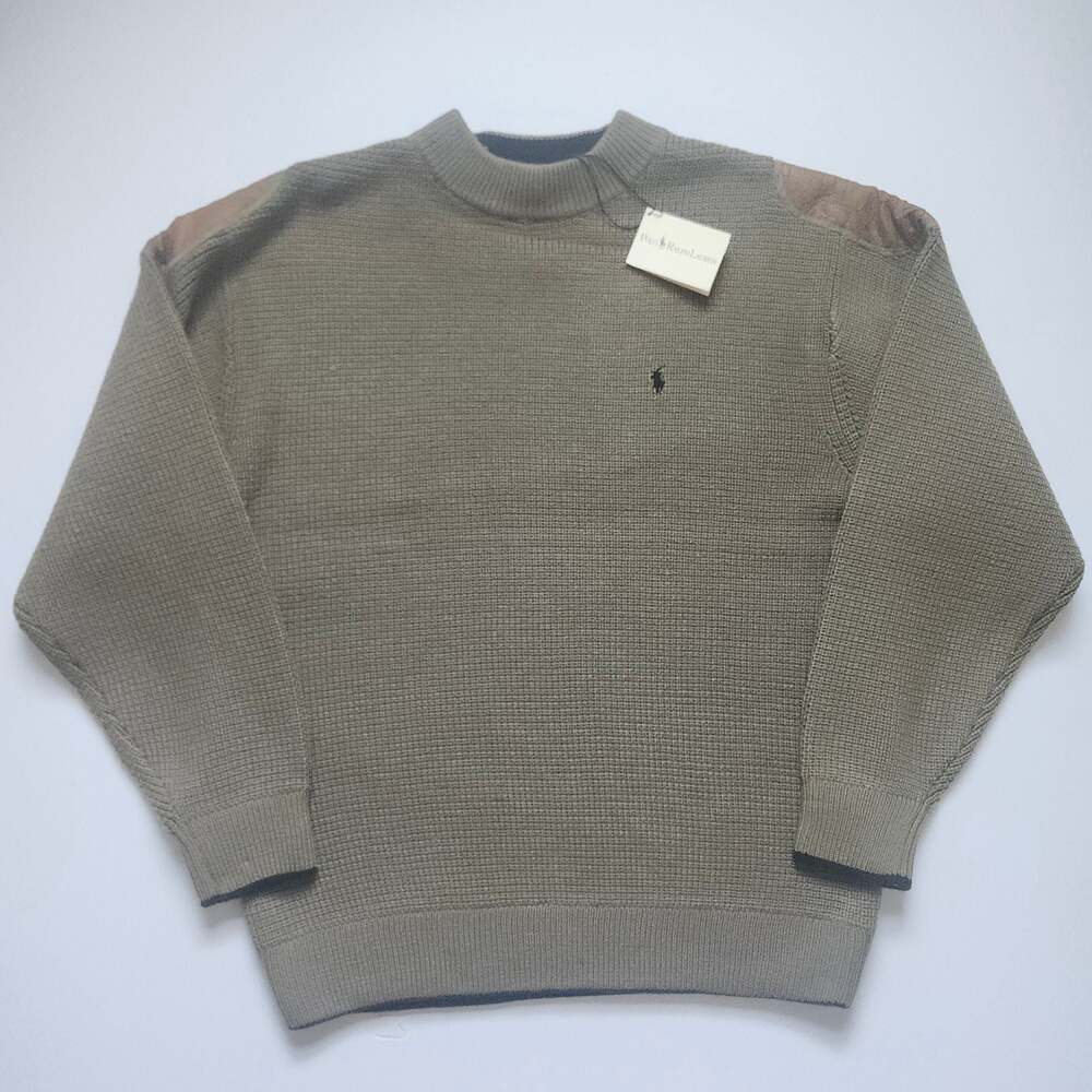 Polo Ralph Lauren Waffle Knit Olive Green Crew Neck Sweater with Suede Shoulder